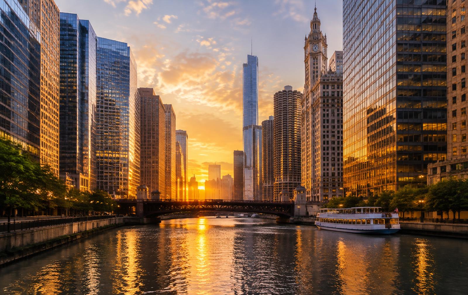 Chicago skyline and commercial buildings along the Chicago River
